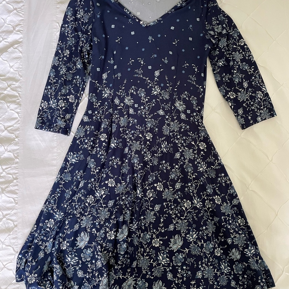 Blue Fit and Flare V-Neck Dress with Cuffed Sleeves